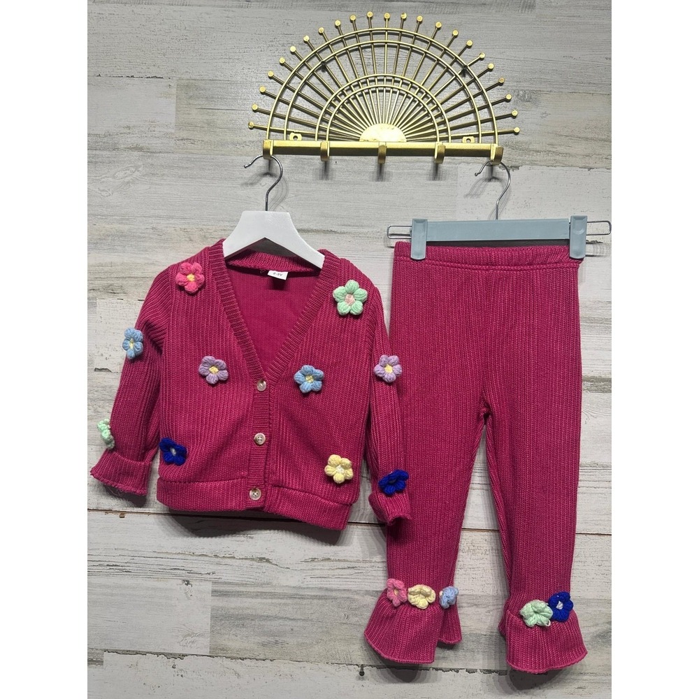 Boutique Knit Sweater Set Girls 2-3Y Magenta Flower Crochet Flare Pants *Flawed